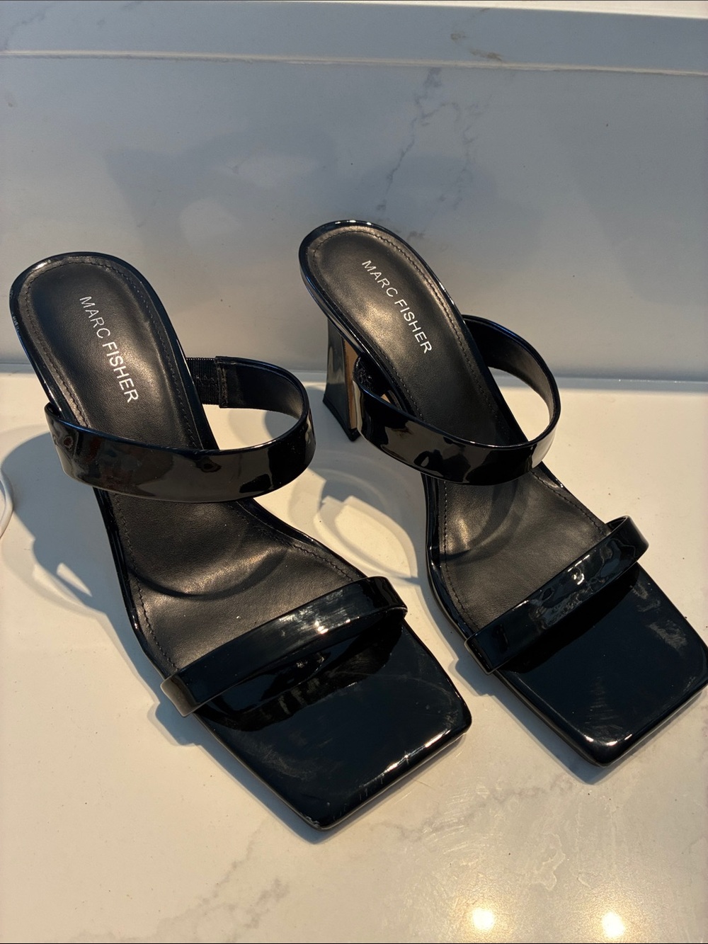 Marc Fisher Black Patent Square-Toe Double Strap Block Heel Sandals